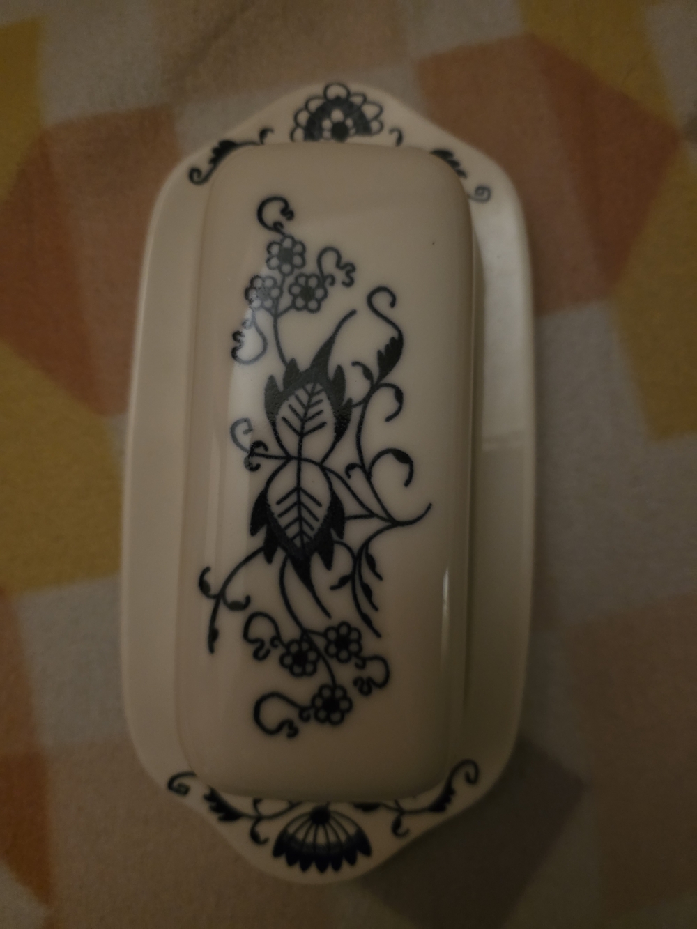 Cream Ceramic Butter Dish with Black Floral Scroll Design